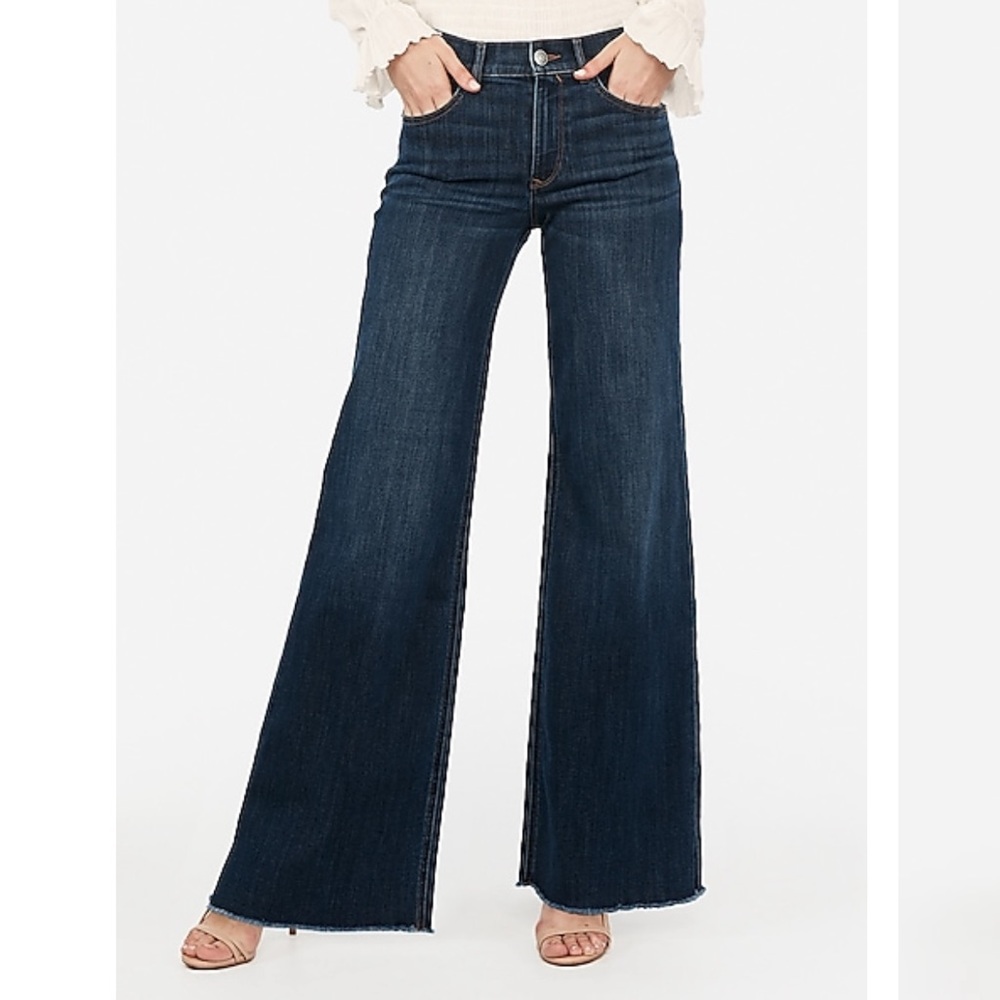 Express Wide Leg High Waisted Raw Hem Jeans LONG
